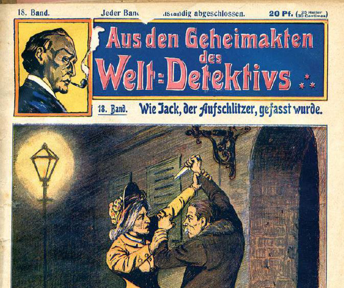 Das Titelbild dieses Groschenhefts von 1907 zeigt Sherlock Holmes im Kampf mit Jack the Ripper