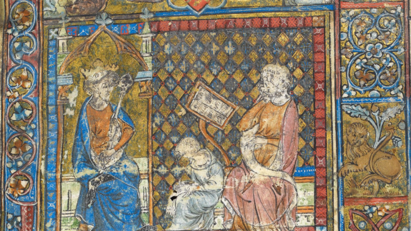Secreta Secretorum: Alexander and Aristotle. – Quelle: British Library: MS 47680, Ausschnitt von f.1r. – Public Domain
