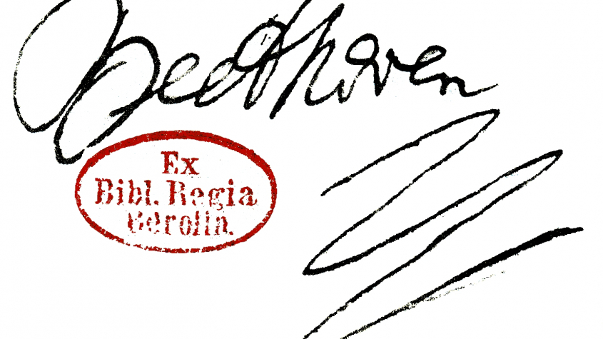 historisches Sigel der heutigen Staatsbibliothek zu Berlin, Beethovens Schriftzug aus einem Brief || Montage: SBB-PK 