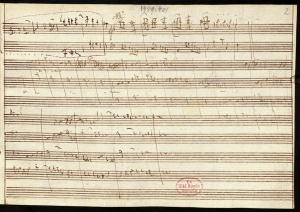 Blatt mit Skizzen zur Ouvertüre der Zauberflöte KV 620, zum Requiem d-Moll KV 626 und zu einem weiteren unbekannten Werk in F-Dur