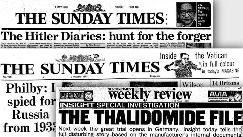 Ausschnitte der Titelblätter: The Sunday Times vom 01.10.1967 No 7531, 19.05.1968 No 7564 und 08.05.1983 No 8287