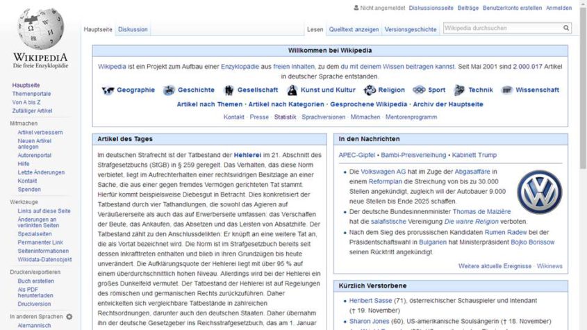 Wikipedia-Hauptseite mit 2.000.017 Artikeln - Quelle: https://de.wikipedia.org/wiki/Wikipedia:Hauptseite, Lizenz: CC BY-SA 4.0 https://commons.wikimedia.org/wiki/File:Wikipedia_2_Mio.jpg