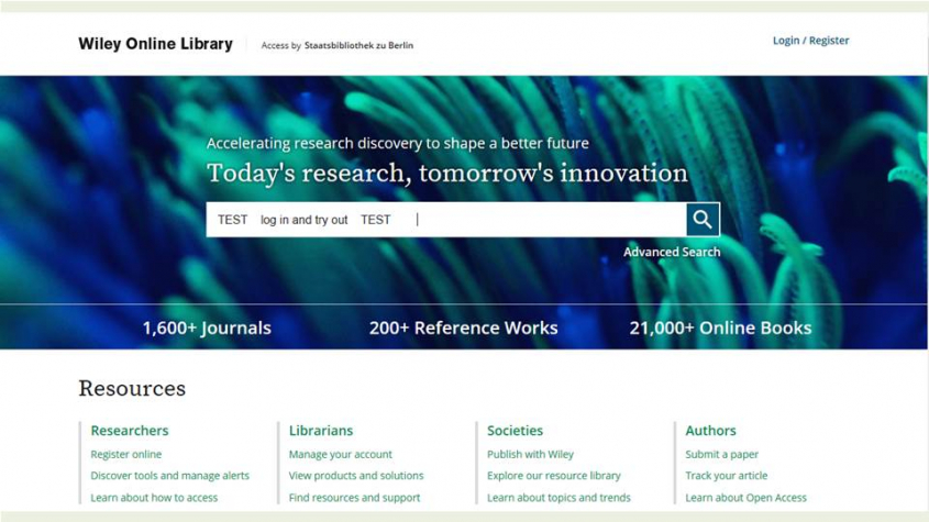 Startseite der Wiley Online Library mit Eintragung im Suchfeld - Screenshot