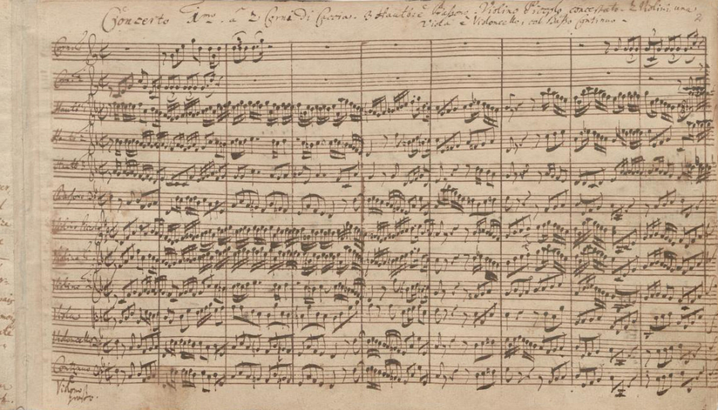 Erste Notenseite des ersten Brandenburgischen Konzerts BWV 1046 von Johann Sebastian Bach, Am.B 78.