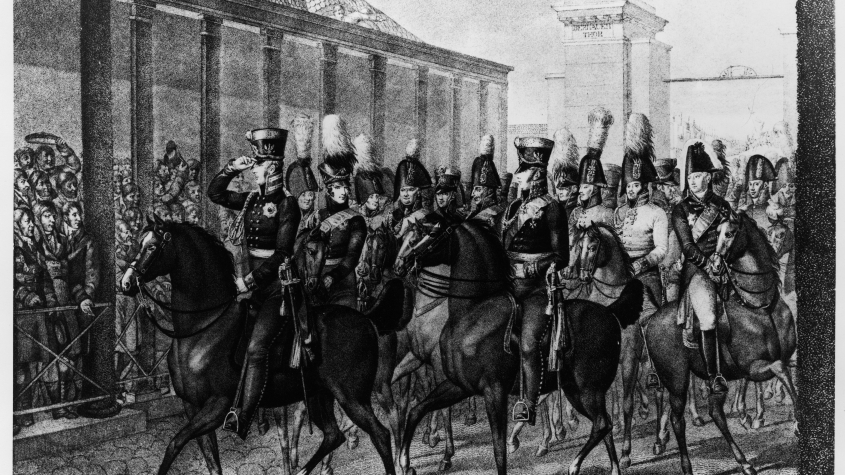 Friedrich Wilhelm III. und seine Generäle werden am 23.12.1809 am Bernauer Tor begrüßt; Kleist wird Anfang Februar eintreffen