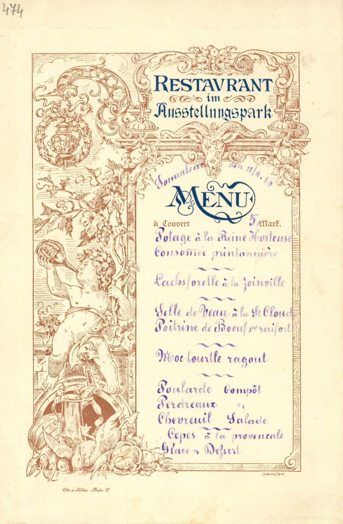 Menükarte 474: Restaurant im Ausstellungspark, Berlin, Datum: 11.09.1886