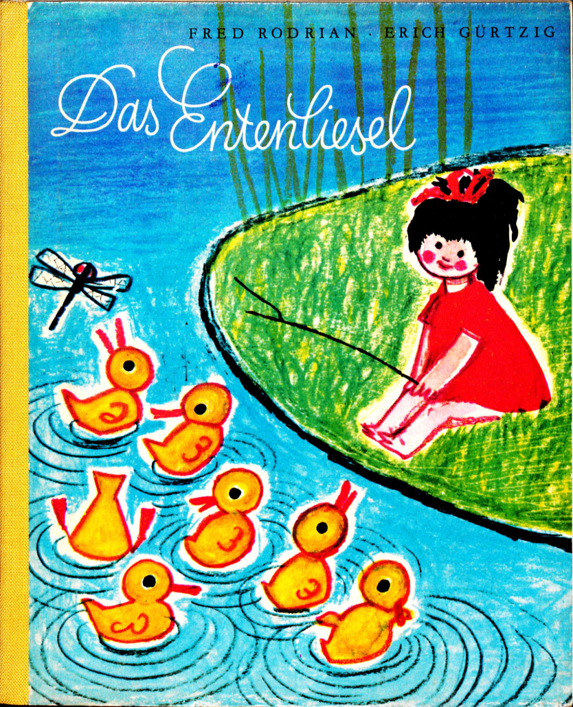 Cover von "Das Entenliesel". Ein Kind in einem roten Kleid sitzt an einem Teich, in dem Enten schwimmen.