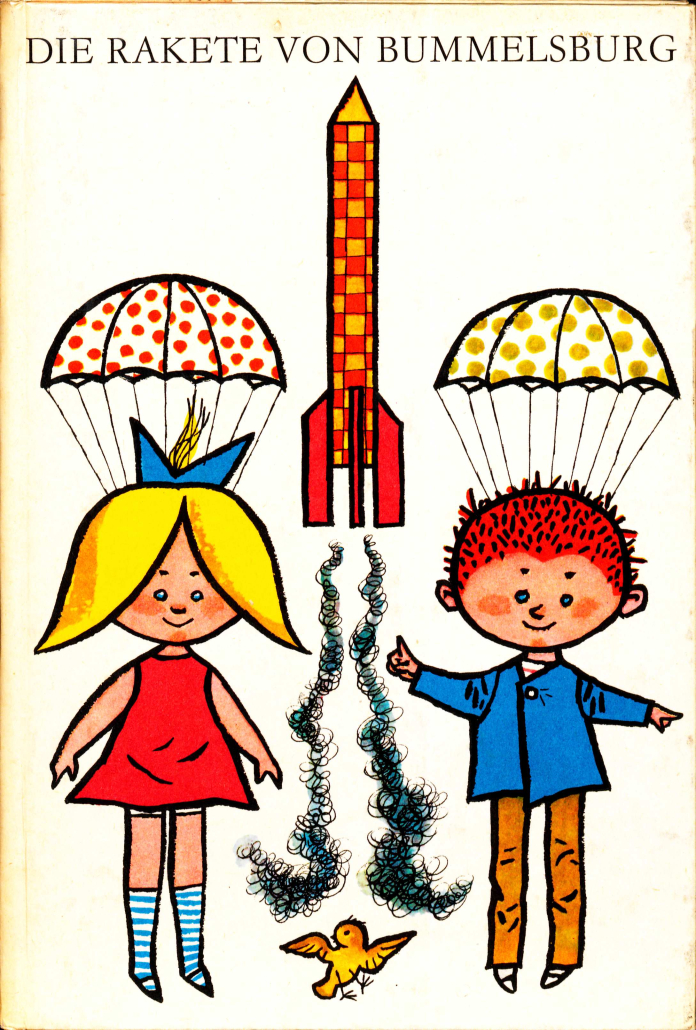 Cover von "Die Rakete von Bummelsburg". Zwei Kinder mit Fallschirmen über sich, zwischen ihnen eine Rakete und ein Vogel.