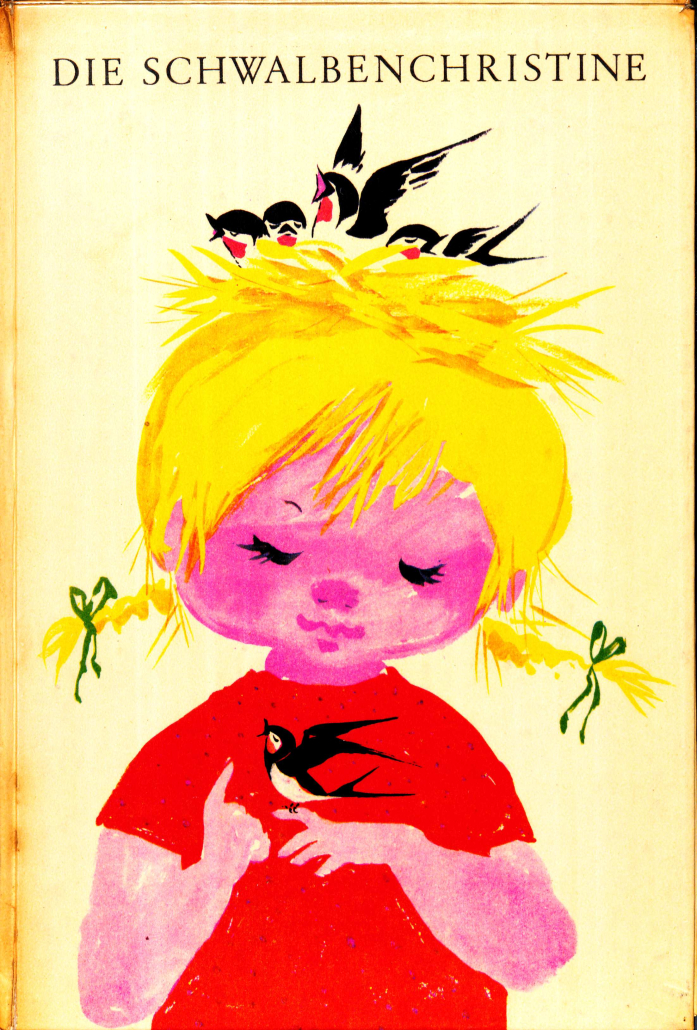 Cover von "Die Schwalbenchristine". Ein Kind mit zwei blonden Zöpfen hält eine Schwalbe auf der Hand. Auch auf dem Kopf des Kindes sitzen Schwalben, als wären die Haare ihr Nest.