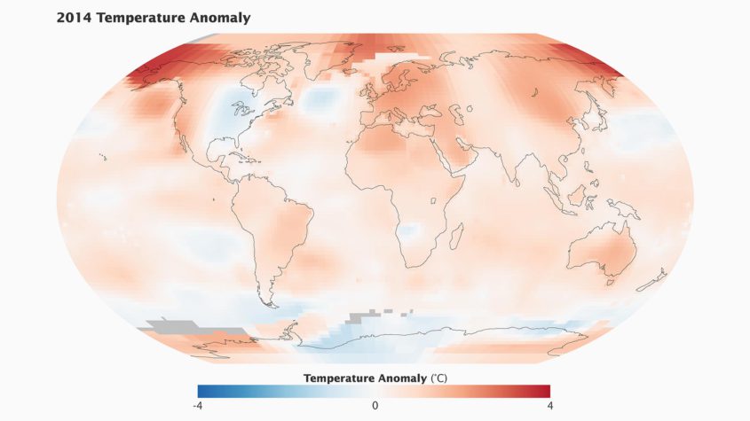 Abweichung der Jahresdurchschnittstemperatur 2014 vom langjährigen Mittel. (Quelle: NASA)